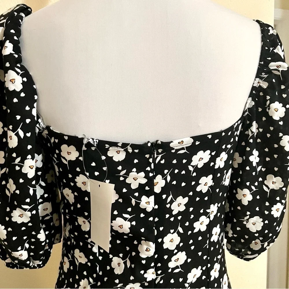 NWT ASOS DESIGN puff sleeve ruched bust midi split dress in floral and heart 6